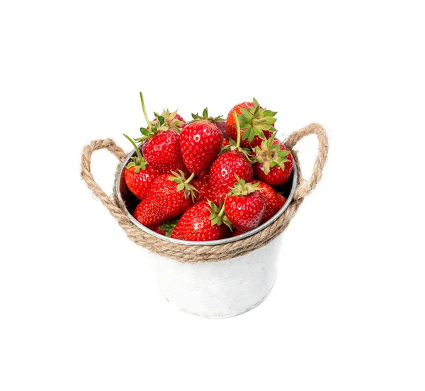 Erdbeeren Einem Weißen Eimer Auf Weißem Hintergrund — Stockfoto