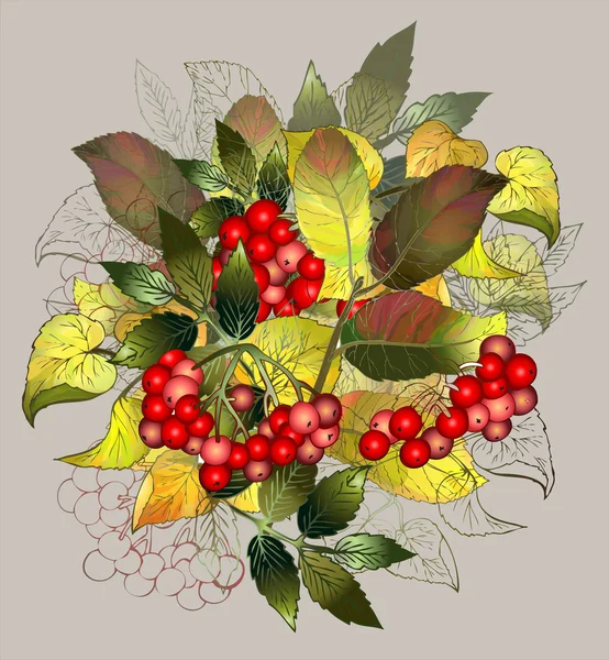 Grußkarte mit Herbstbeeren und Blättern. Herbstliche Illustrationen — Stockvektor