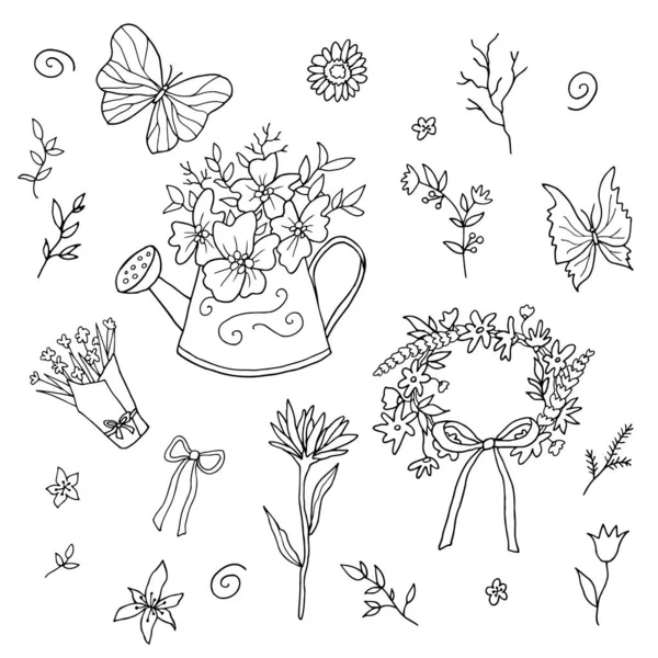 Blütenkritzeln, Blumenkranz, Gießkanne, Schmetterlinge — Stockvektor