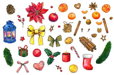 Büyük Noel koleksiyonu klipleri. Sıcak kış seti. El çizimi suluboya çizimi. Beyaz arkaplanda izole.