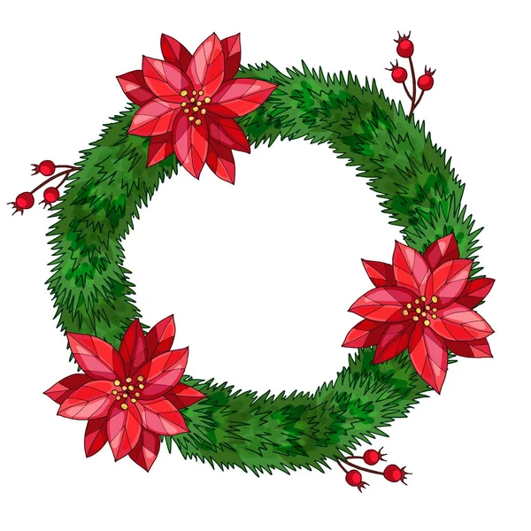 Corona de abeto de Navidad con poinsettia y bayas. Ilustración acuarela dibujada a mano. Aislado sobre fondo blanco . — Vector de stock