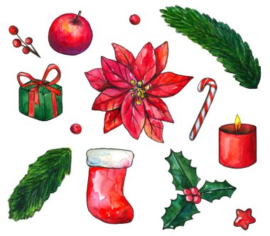 Tasarım için noel unsurları koleksiyonu. El çizimi suluboya çizimi. Beyaz arkaplanda izole.