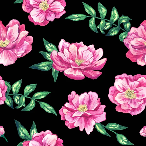 Sömlöst mönster med vackra rosa blommor på svart. Handritad akvarell illustration. Textur för tryck, tyg, textil, tapet. — Stockfoto