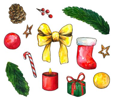 Tasarım için noel unsurları koleksiyonu. El çizimi suluboya çizimi. Beyaz arkaplanda izole.