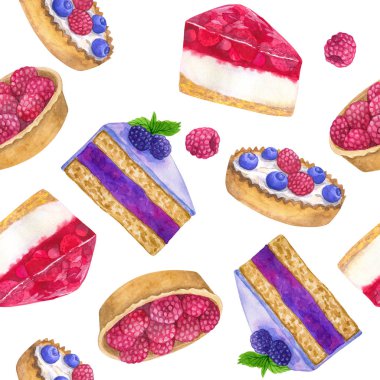 Lezzetli tatlılar. Kusursuz desen. El çizimi suluboya çizimi. Baskı, kumaş, tekstil, duvar kağıdı dokusu.