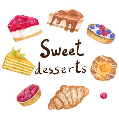 Yuvarlak çerçeve şablonu ve bir pastane için lezzetli tatlılar. El çizimi suluboya çizimi. Beyaz arkaplanda izole.