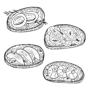 Sandviçler. El çizimi vektör çizimi. Tek renkli siyah beyaz mürekkep çizimi. Çizgi çalışması. Beyaz arka planda izole edilmiş. Renk sayfası.