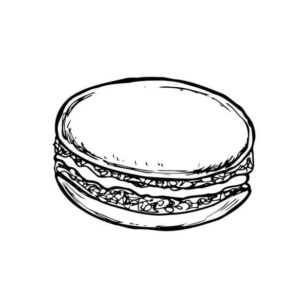 Torta di amaretti. Illustrazioni per caffè o caffè. Illustrazione vettoriale disegnata a mano. Schizzo monocromatico in inchiostro bianco e nero. Isolato su sfondo bianco. Pagina da colorare . — Vettoriale Stock