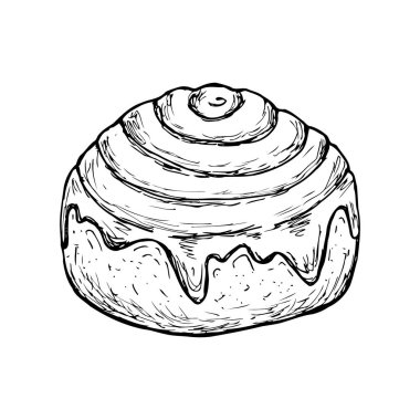 Çörek. Kafeler ya da kafeler için çizimler. El çizimi vektör çizimi. Tek renkli siyah beyaz mürekkep çizimi. Beyaz arka planda izole edilmiş. Renk sayfası.