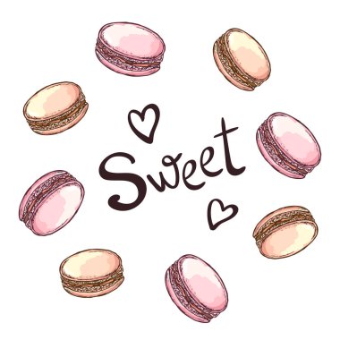 Şekerli yuvarlak çerçeve. Kahve dükkanları, pastaneler ya da kafeler için çizimler. El çizimi vektör çizimi. Beyaz arkaplanda izole.