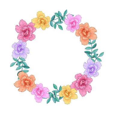 Çelenk, çerçeve, çiçek ve yapraklarla sınır. Tebrik kartı, poster, mesaj için yeri olan pankart. El çizimi vektör çizimi. Beyaz arkaplanda izole.