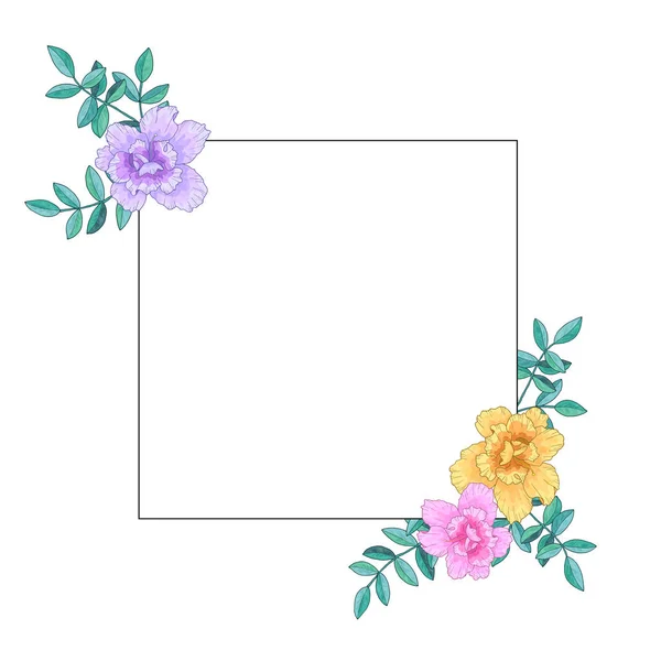 Věnec, rám, rámeček s květinami a listy. Pozdrav, plakát, plakát s prostorem pro text. Ručně kreslená vektorová ilustrace. Izolováno na bílém pozadí. — Stockový vektor