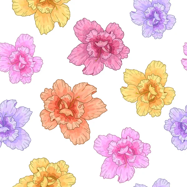 Sömlöst mönster med ljusa blommor. Textur för tryck, tyg, textil, tapet. Handritad vektor illustration. Isolerad på vit bakgrund. — Stock vektor