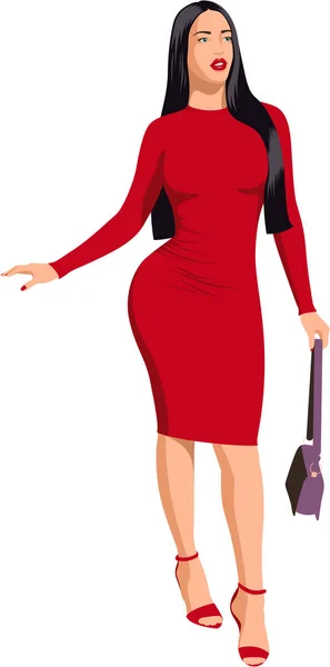 セクシーな美しいです女の子で赤ドレスとともに豪華なフィットネスボディ形状で高いヒールとととともに紫財布 立っていますエロポーズ ショー彼女の大きなおいしい戦利品と胸 — ストックベクタ