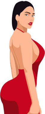 Güzel, kırmızı elbiseli seksi bir kız. Harika bir vücut yapısı var. Sırtı çıplak ve erotik pozlarda duruyor..