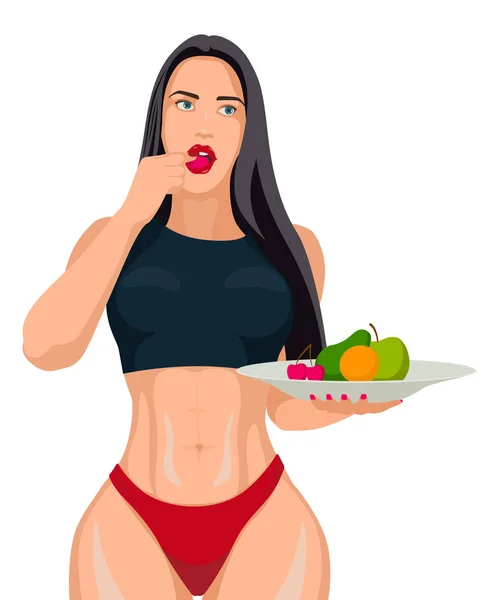 Sexy Beautiful Girl Red Underwear Gorgeous Fitness Body Shape Eating — Stock Vector