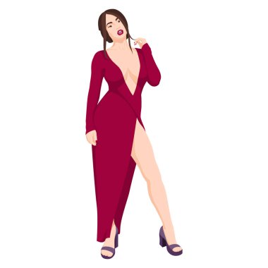 Seksi, kırmızı elbiseli, muhteşem formalı, yüksek topuklu ayakkabı giyen, erotik pozlarda duran, büyük, lezzetli bacağını ve göğüslerini gösteren güzel bir kız..