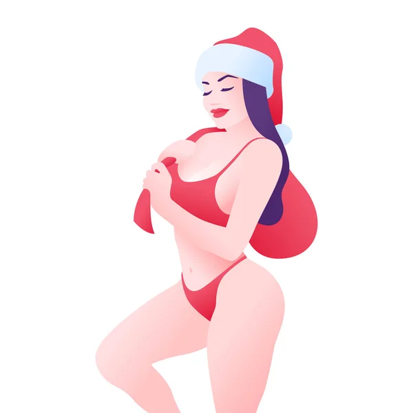 Sexy Dívka Santa Klobouk Vánoční Dárky Taška Izolované Bílém Pozadí — Stockový vektor
