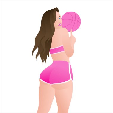 Seksi poposu ve harika vücut şekli olan genç ve güzel bir kadın spor yapıyor ve pembe spor kıyafetleriyle basketbol oynuyor.