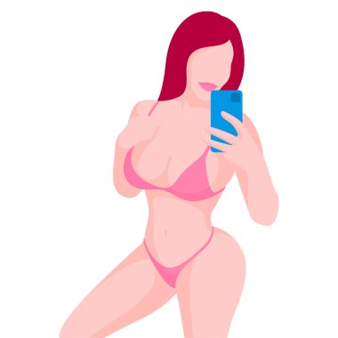 Güzel iç çamaşırlı, poz veren ve selfie çeken seksi manken kız.