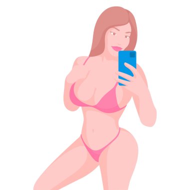 Güzel iç çamaşırlı, poz veren ve selfie çeken seksi kız mankeni.