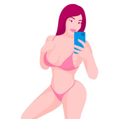 Güzel iç çamaşırlı, poz veren ve selfie çeken güzel bir manken.