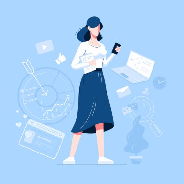 Profesyonel pazarlamacı. Web Seo tanıtım elemanlarının arasında telefon ve belge tutan kız