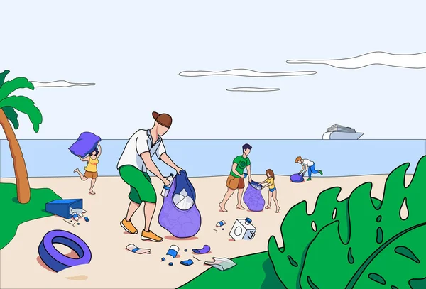 Die Menschliche Familie Sammelt Plastik Und Müll Strand Des Ozeans — Stockvektor