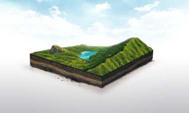 3d illustration of a soil slice, green mountains with lake isolated on white background clipart