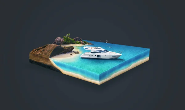 3d illustration of a soil slice, Yacht on the beach, ocean traveling isolated on dark background