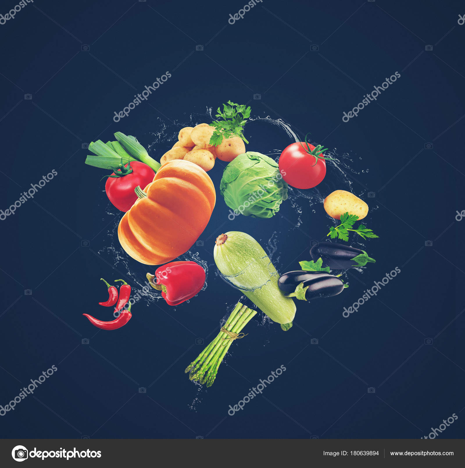 Flying Organic Food Water Splash Food Illustration Different Vegetables