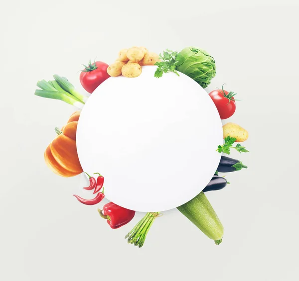 Organic fresh food background and white paper. Food illustration different vegetables isolated white background