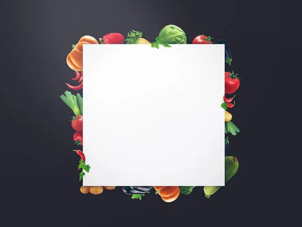 Organic fresh food background and white paper. Food illustration different vegetables isolated black background