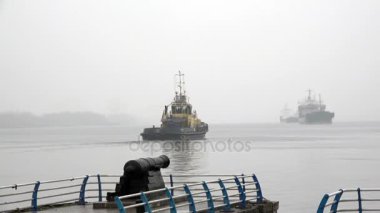 Yoğun trafik Nehri üzerinde. Tugs çalışmalarında. 
