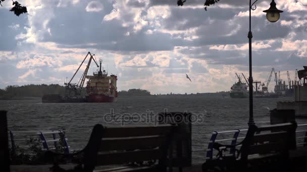 Traffico intenso sul fiume. Il porto fluviale razzia.Sovraccarico sulle strade.Tempo ventoso, onda sul fiume . — Video Stock