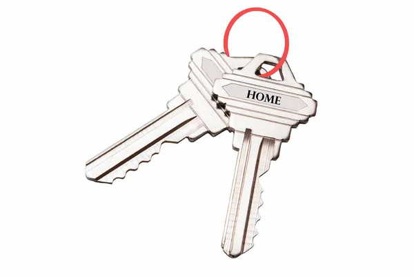 Two Keys Ring Inscription Home Close White Background — Stock Photo, Image