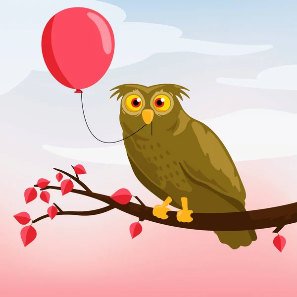 猫头鹰坐在树枝上拿着红色气球的矢量图解 — 图库矢量图片