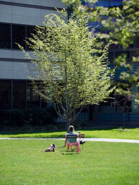 Bir kadın boş bir bahçede oturuyor. Yanında bir köpekle birlikte çimlerin üzerinde oturuyor.