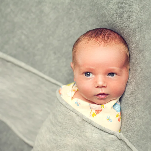 Pasgeboren baby ligt 9 dagen oud verpakt op een grijze achtergrond. — Stockfoto