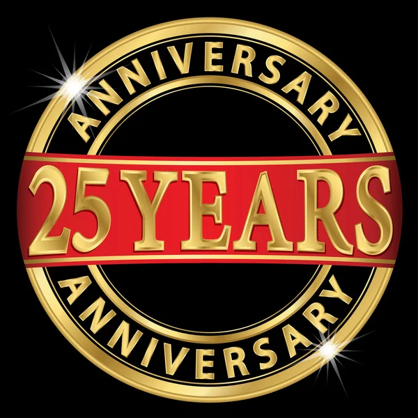 25 jaar verjaardag gouden label met rood lint, vector illust — Stockvector