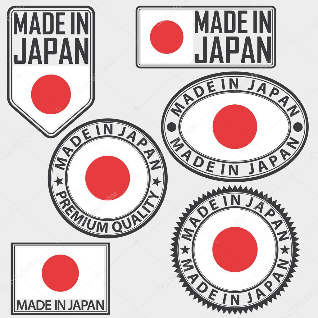 Made in Japan label set with flag, vector illustration