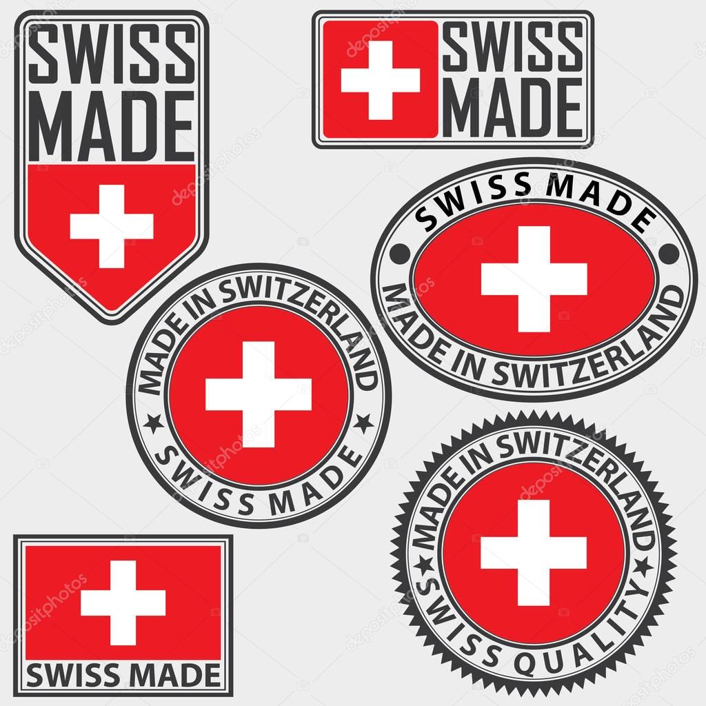 Made in Switzerland label set with flag, Swiss made, vector illu