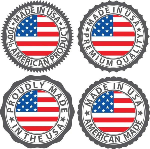Feito nos EUA rótulo definido com bandeira, ilustração vetorial —  Vetores de Stock