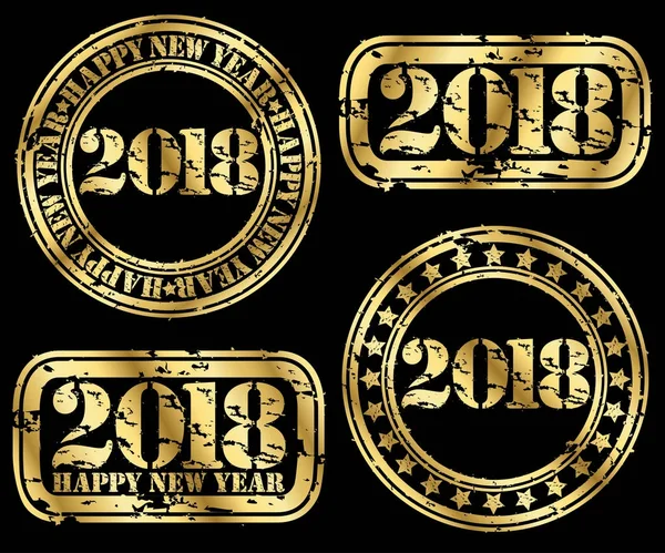 Happy new 2018 year set, grunge goldenr stamp, vector illustrati — Stock Vector
