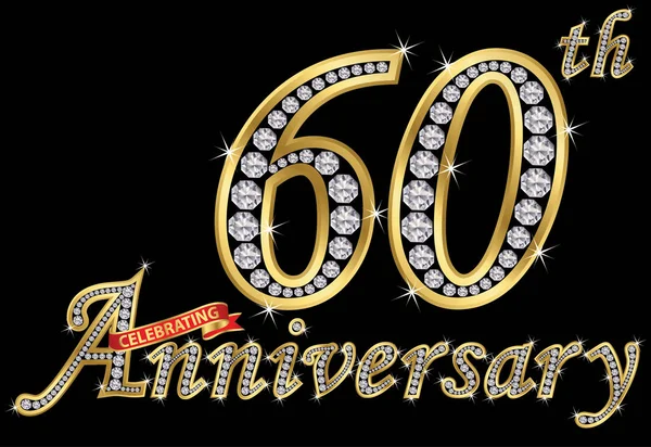 Celebrando 60 aniversario signo de oro con diamantes, vector — Vector de stock