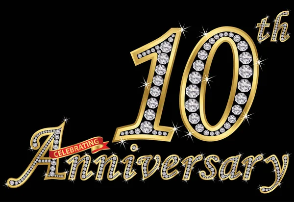 Celebrating  10th anniversary golden sign with diamonds, vector — Stock Vector