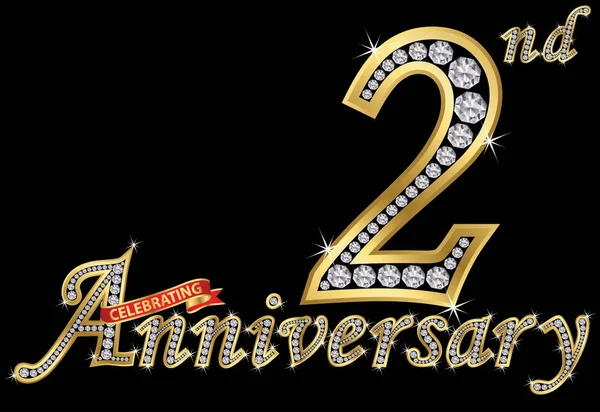 Celebrating  2nd anniversary golden sign with diamonds, vector i — Stock Vector