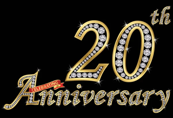 Celebrazione 20 anniversario segno d'oro con diamanti, vettore Vettoriali Stock Royalty Free