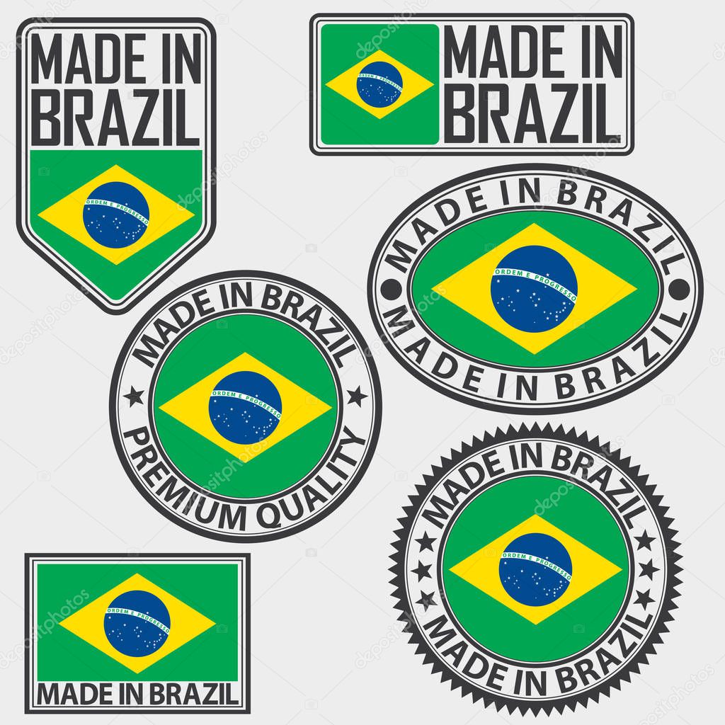 Made in Brazil label set with flag, vector illustration