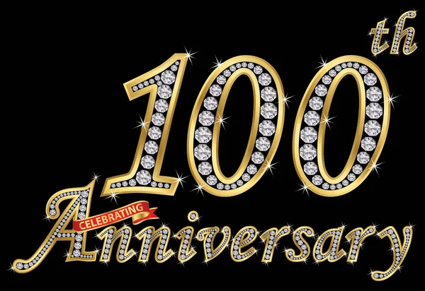 Celebrating  100th anniversary golden sign with diamonds, vector — Stock Vector
